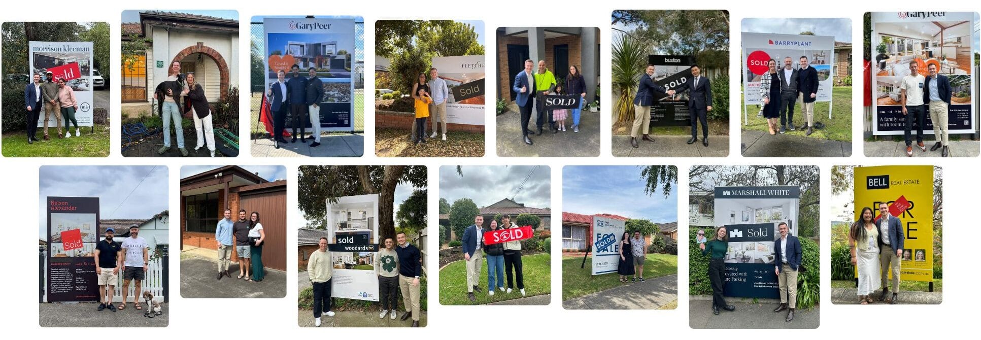 Real estate agents posing with a Sold sign outside a home in a yard garden setting between trees and fencing, celebrating a sale.